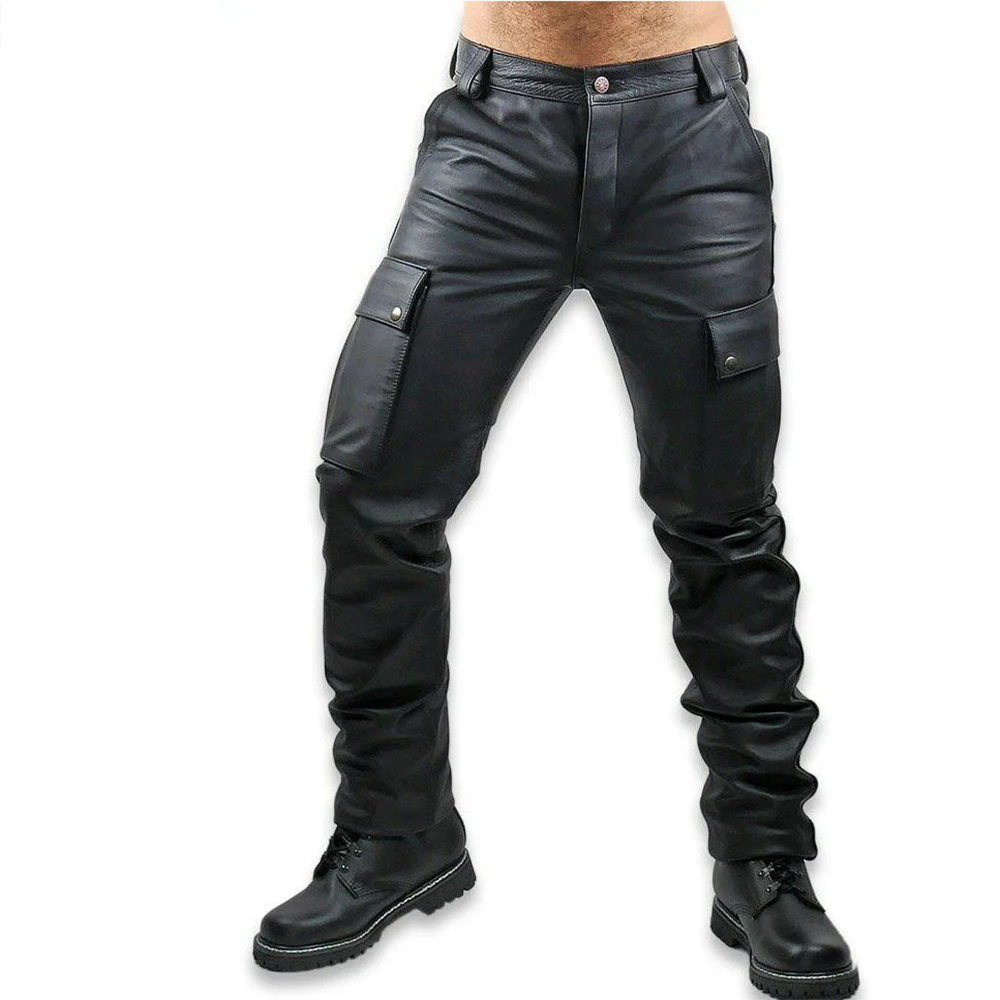 Men’s Cowhide Leather Cargo Pockets Leather Pants Bikers Cargo Pants