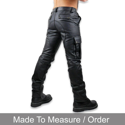 Men’s Cowhide Leather Cargo Pockets Leather Pants Bikers Cargo Pants