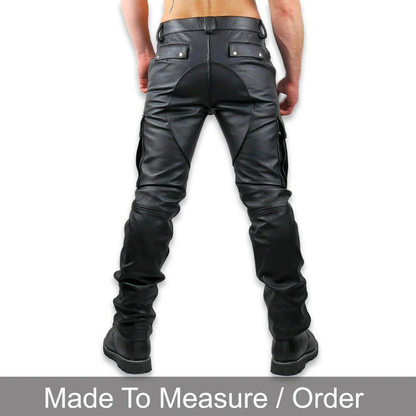 Men’s Cowhide Leather Cargo Pockets Leather Pants Bikers Cargo Pants