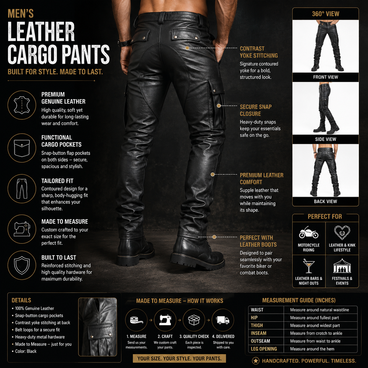 : Infographic showing features of men's leather cargo pants including cargo pockets, seat panel, and custom fit