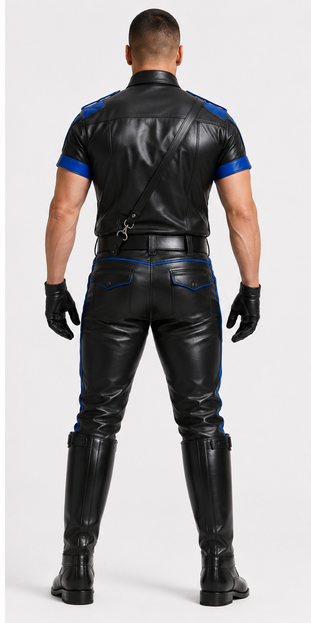 Back view of black leather police uniform with blue trim detailing