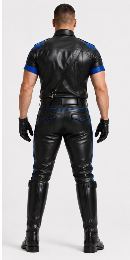 Back view of black leather police uniform with blue trim detailing
