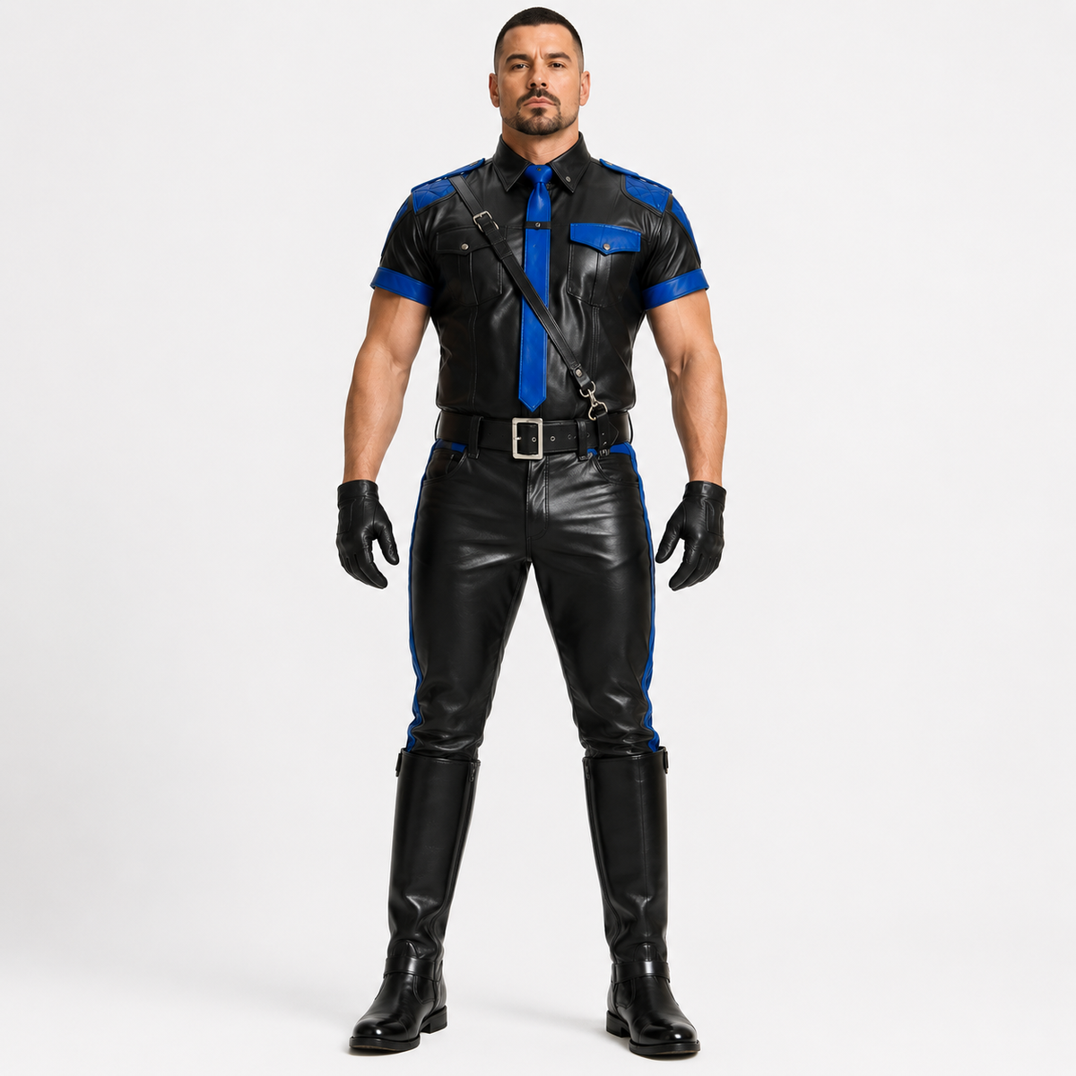 Men's black leather police-style shirt and pants with blue piping, front view on model