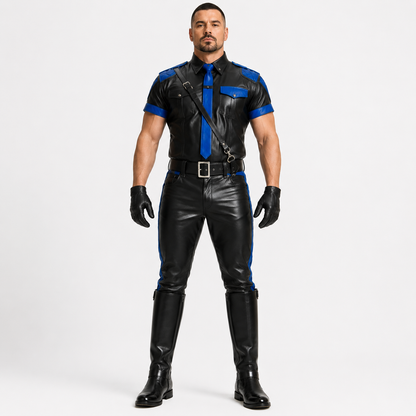 Men's black leather police-style shirt and pants with blue piping, front view on model