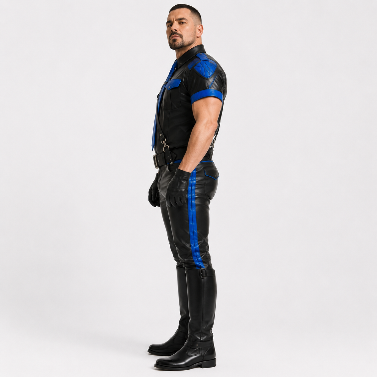 Side view of leather police uniform shirt with harness, gloves, and boots
