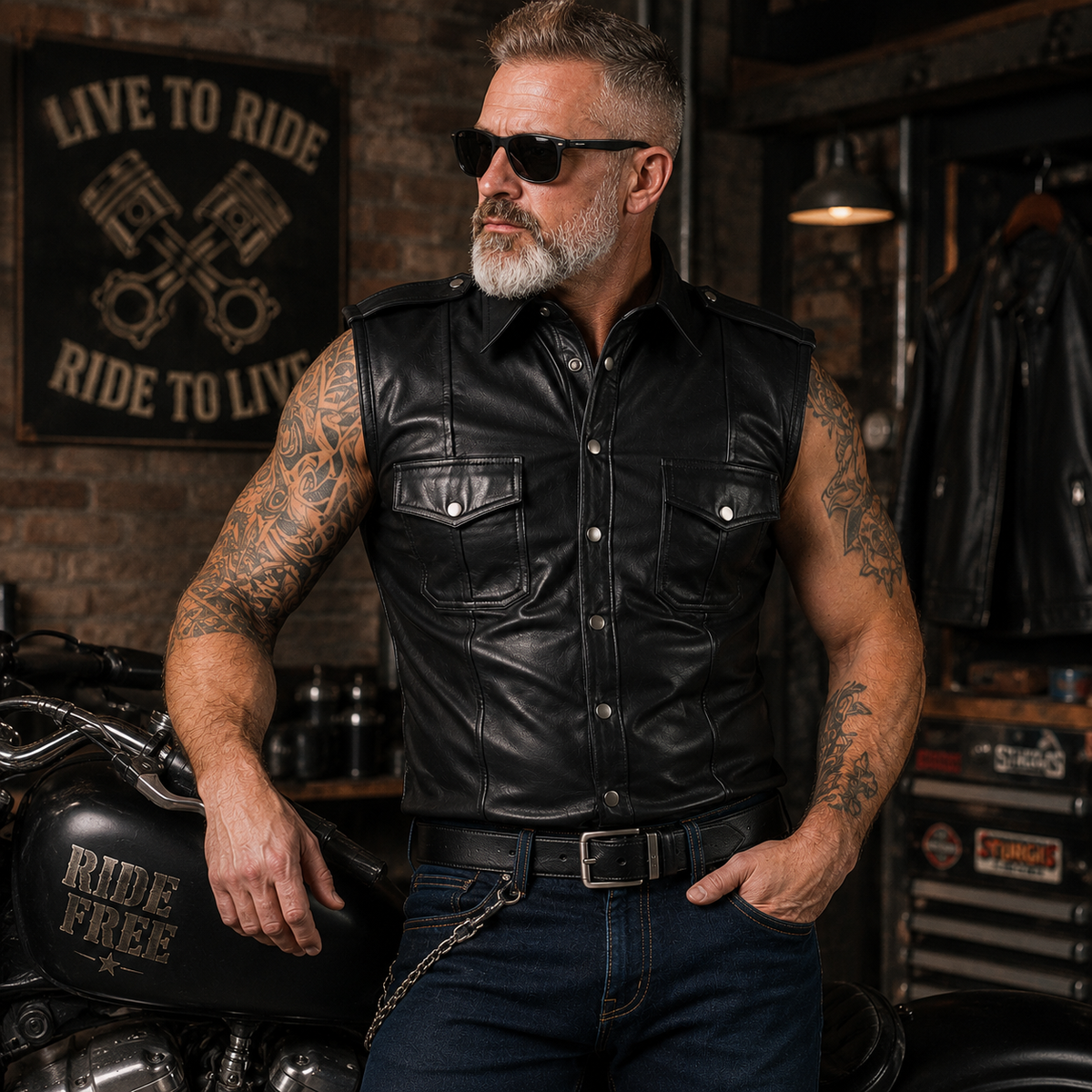 Man wearing black sleeveless leather shirt leaning on motorcycle in garage