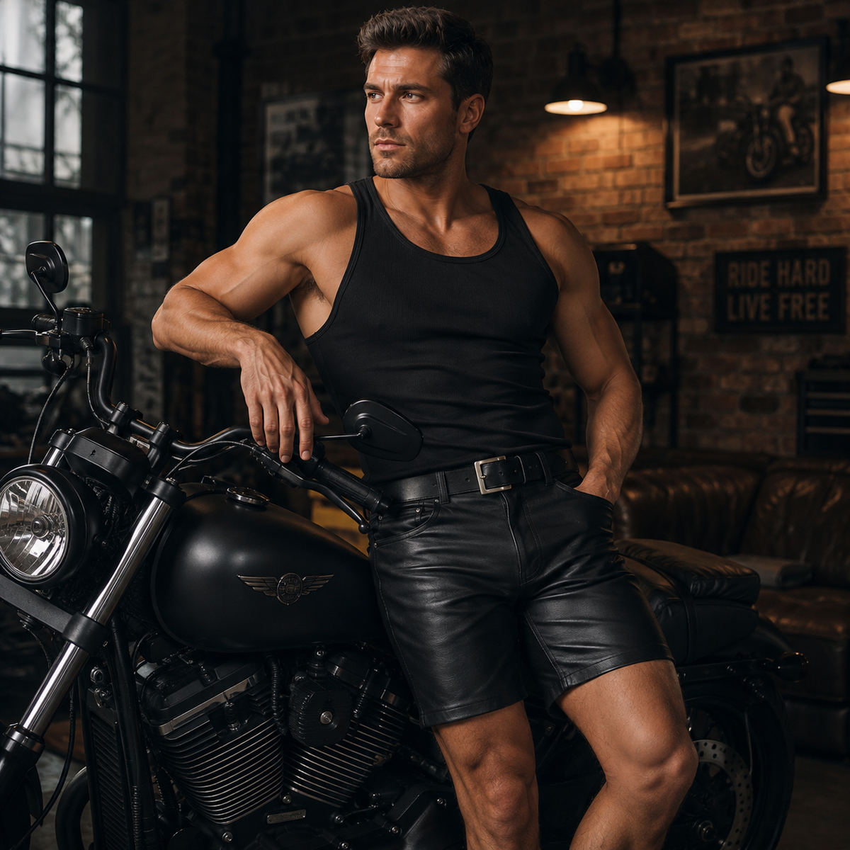 Man wearing black leather shorts posing next to motorcycle in industrial setting