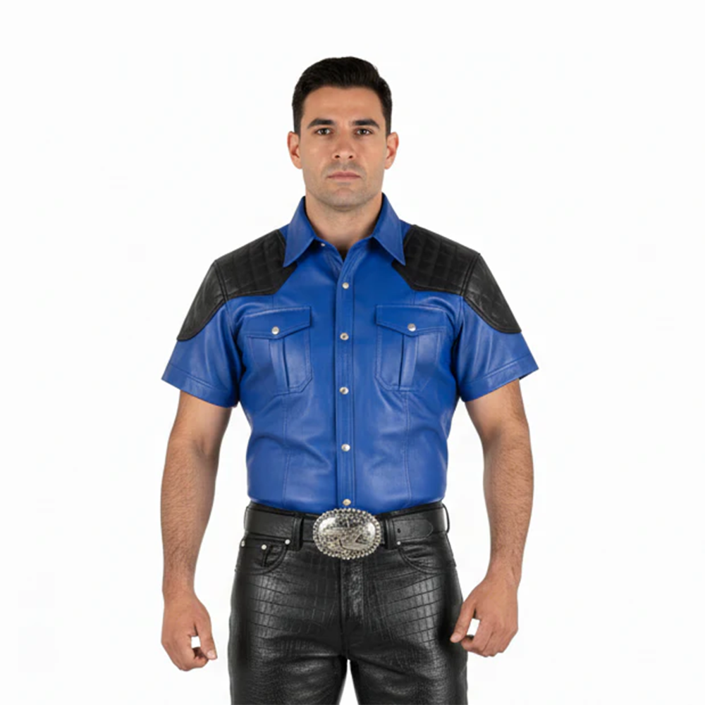 Men’s Black & Royal Blue Leather Police Shirt – Lambskin Gay Fetish Top