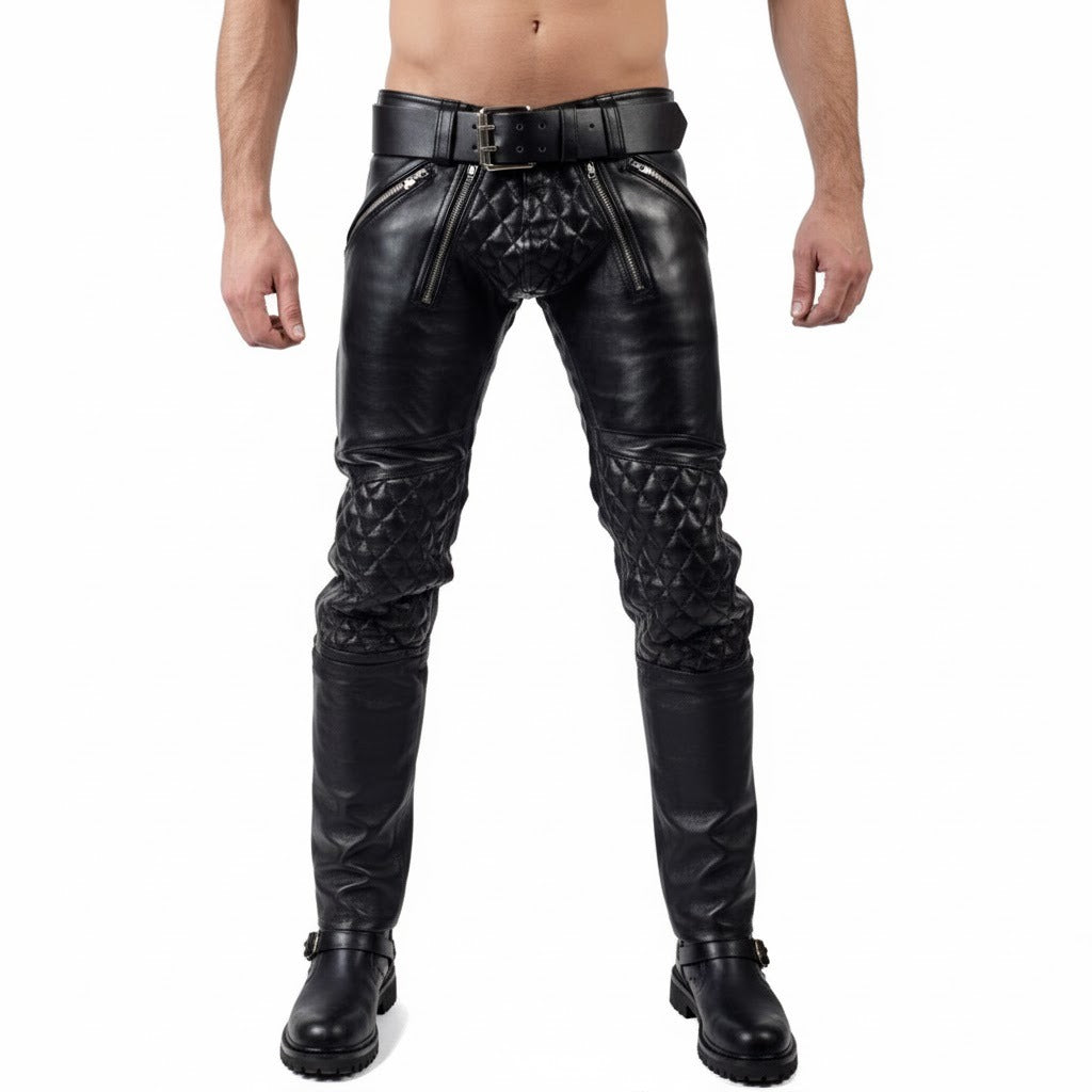 Men’s Cowhide Leather Carpenter Pants with Quilted Panels