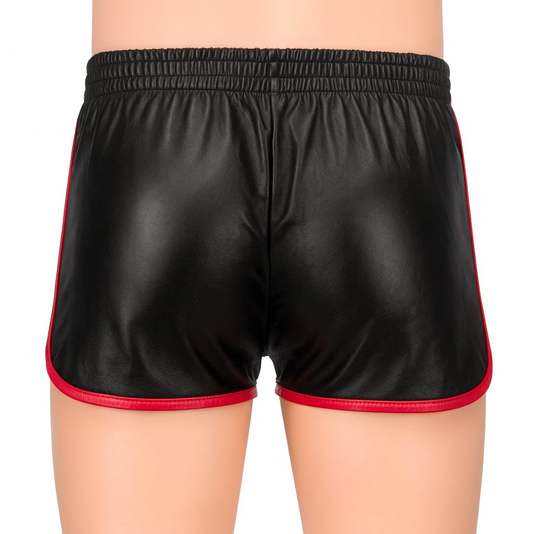 Men’s Black Lamb Leather Gym Shorts with Red Stripes
