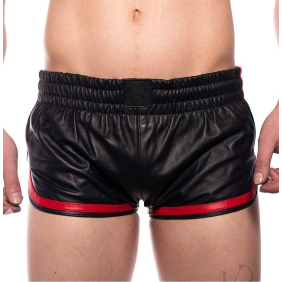 Men’s Black Lamb Leather Gym Shorts with Red Stripes