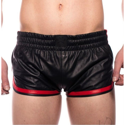 Men’s Black Lamb Leather Gym Shorts with Red Stripes
