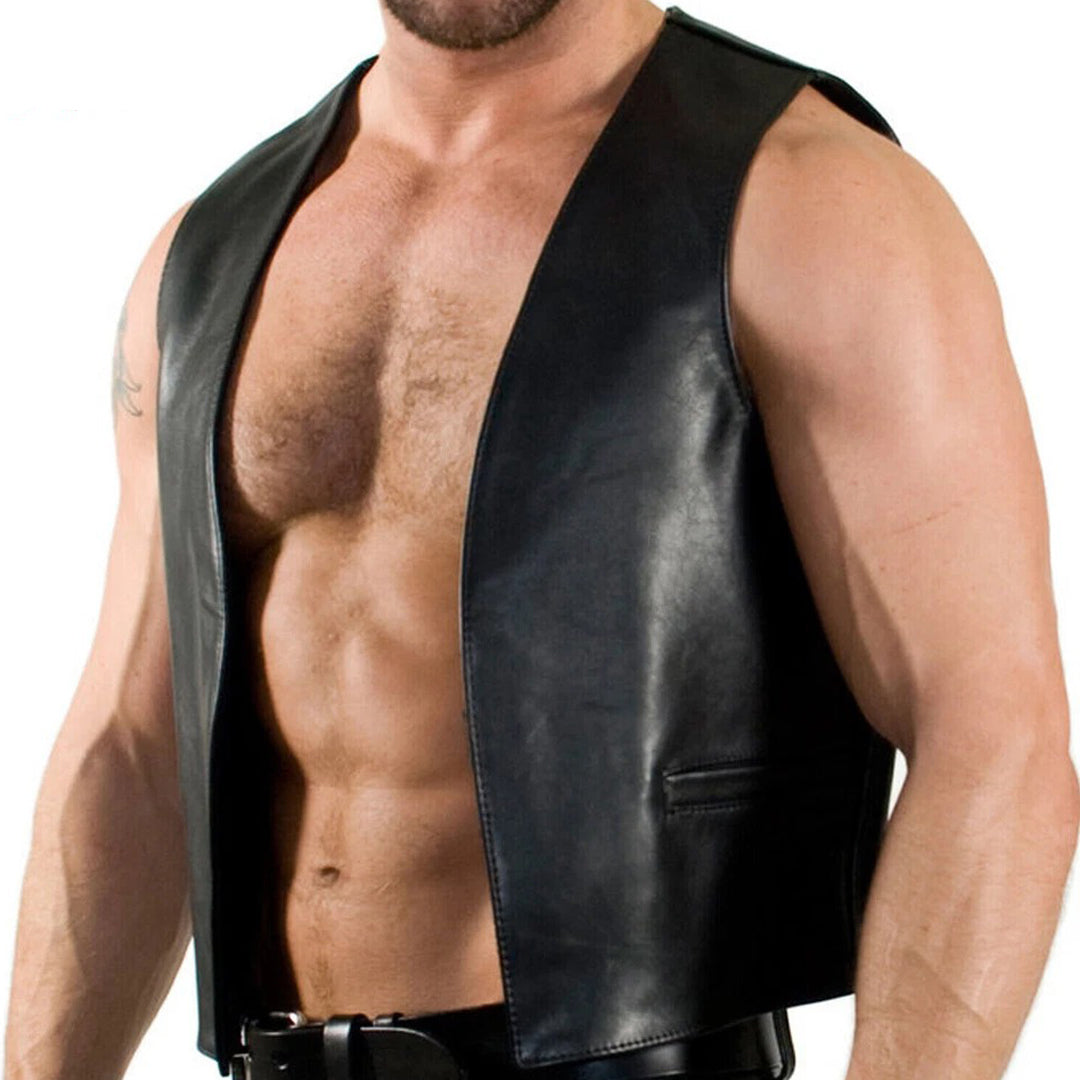 Men’s Genuine Calf Leather Bar Vest – Open Front Sleeveless Fetish Style