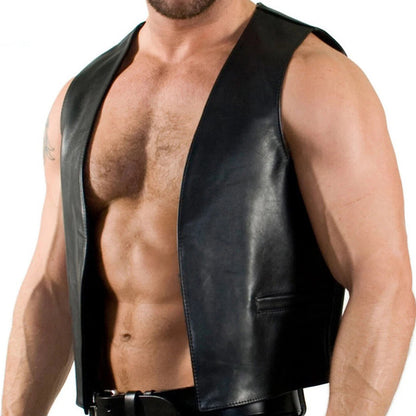 Men’s Genuine Calf Leather Bar Vest – Open Front Sleeveless Fetish Style