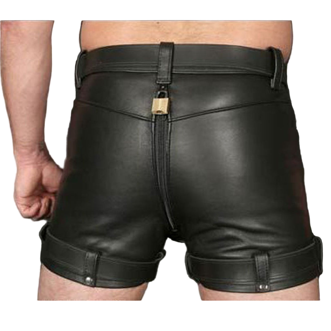 Men’s Leather Restraint Chastity Shorts – Lockable Fetish Gear + Free Padlocks