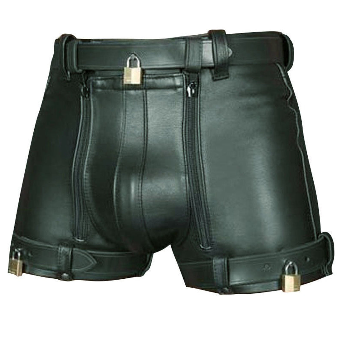 Real Leather Chastity Shorts Double Zipper Free Padlocks