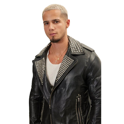 Men’s Silver Studded Cowhide Leather Biker Jacket – Brando Style