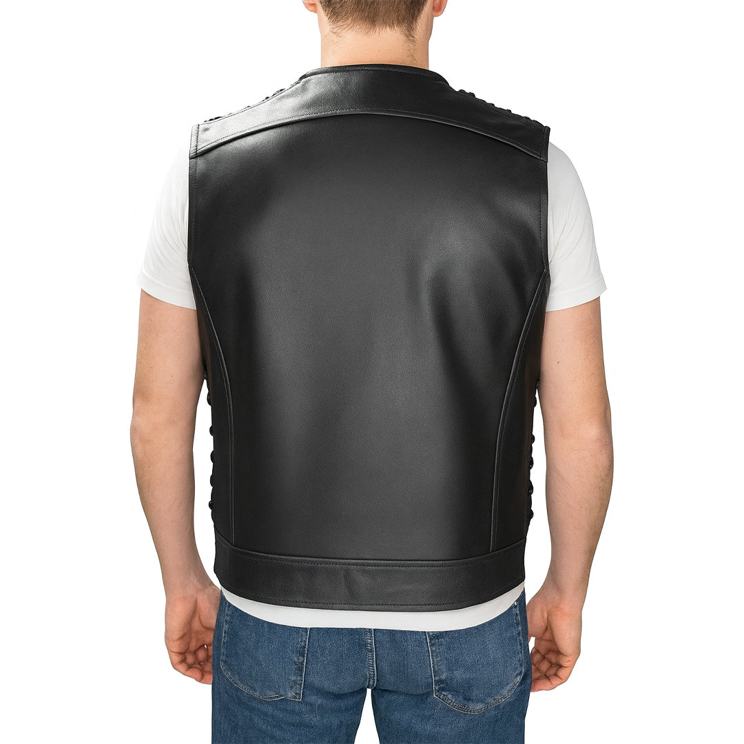 Men’s Vintage Waxed Cowhide Leather Biker Vest – Motorcycle Style
