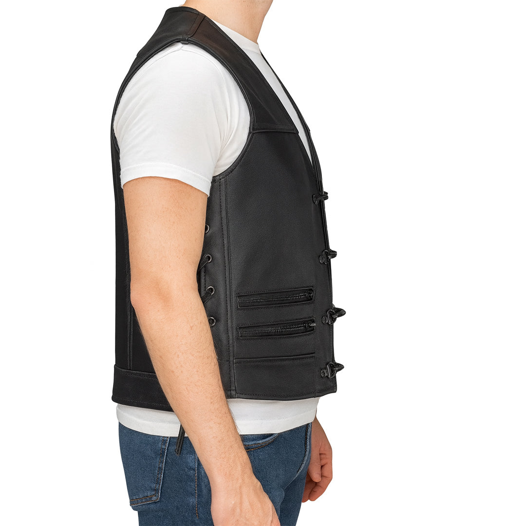 Men’s Vintage Waxed Cowhide Leather Biker Vest – Motorcycle Style