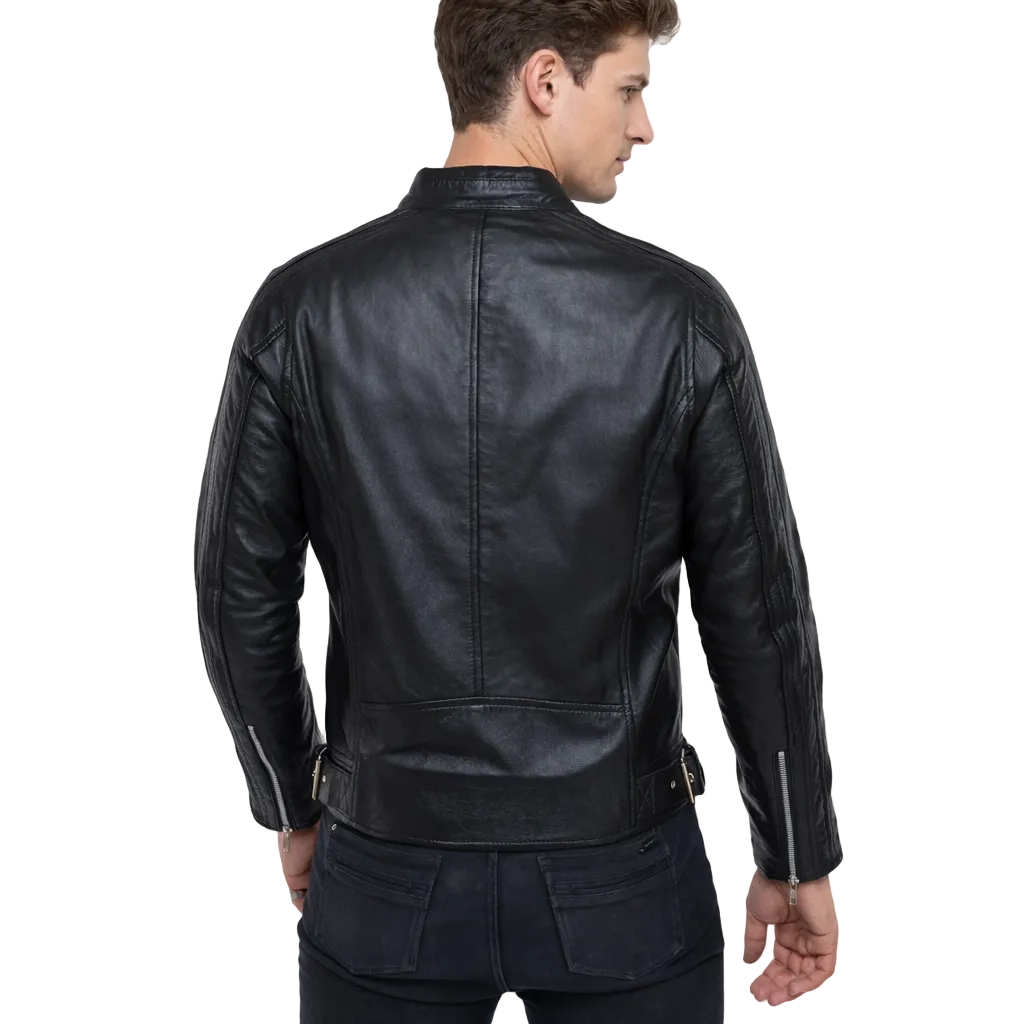 Men's Lamb Leather Café Racer Jacket with Side Buckles & Zipped Cuffs