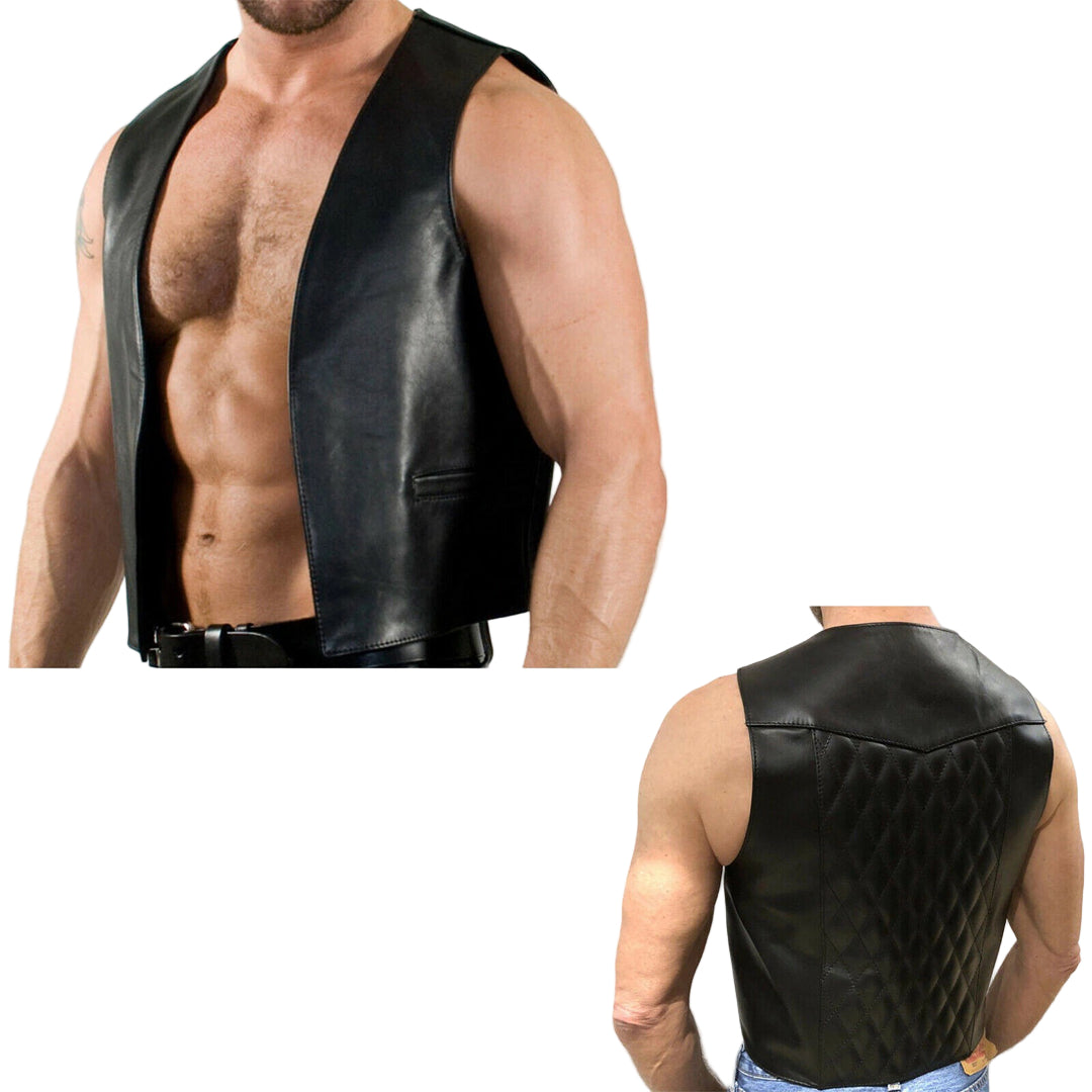 Men’s Genuine Calf Leather Bar Vest – Open Front Sleeveless Fetish Style