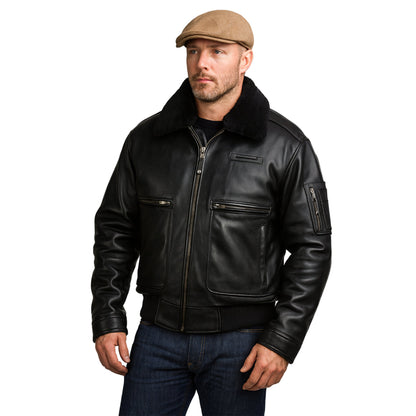 Men's Real Leather Flying Jacket Pilot / Aviator / Bomber + Detachable Fur Collar