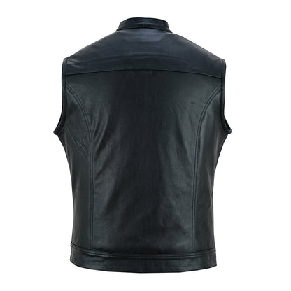 Men’s Cowhide Leather Biker Vest – Extendable Chest, Double Zips Front