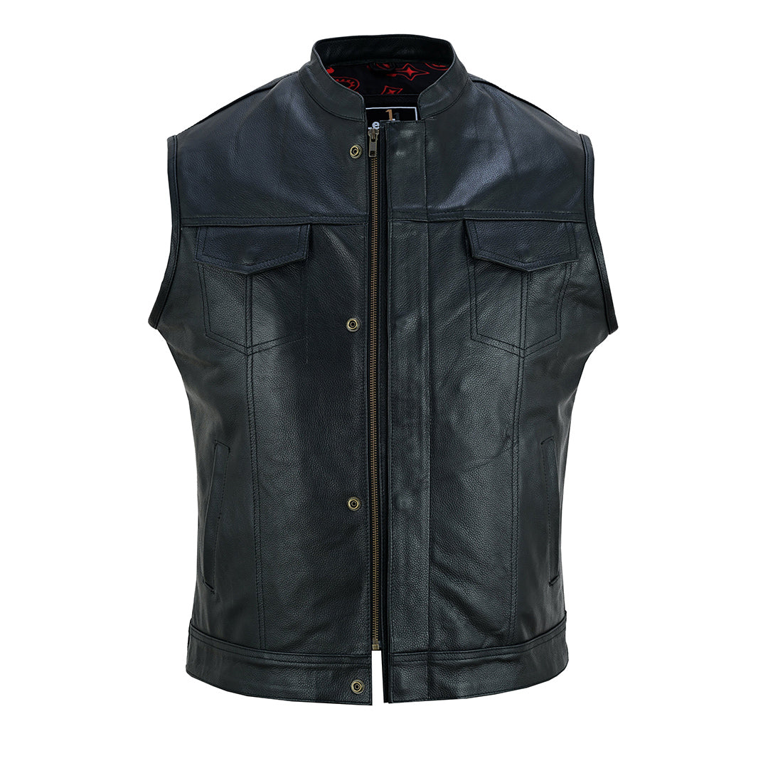 Men’s Cowhide Leather Biker Vest – Extendable Chest, Double Zips Front