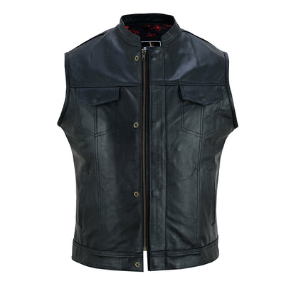 Men’s Cowhide Leather Biker Vest – Extendable Chest, Double Zips Front