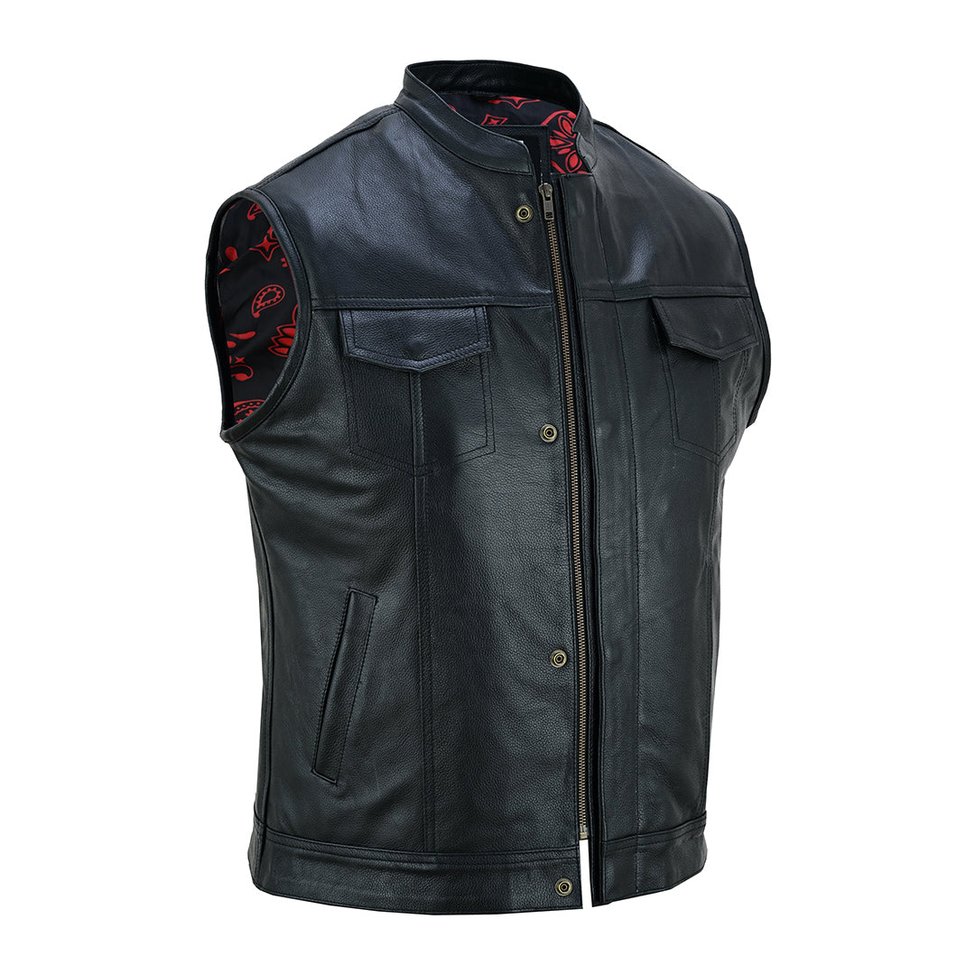 Men’s Cowhide Leather Biker Vest – Extendable Chest, Double Zips Front