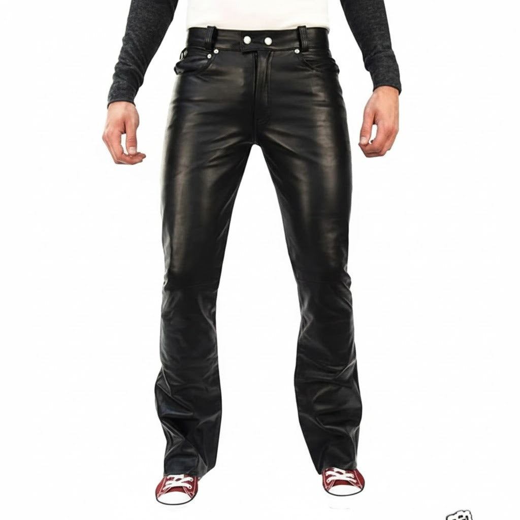 Men's Cowhide Leather Bootcut Biker Pants with 5 Pockets