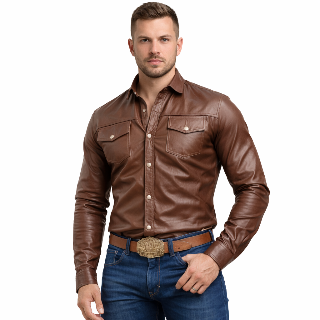 Men’s Brown Western Leather Shirt – Full Sleeve Lambskin with Chest Pockets