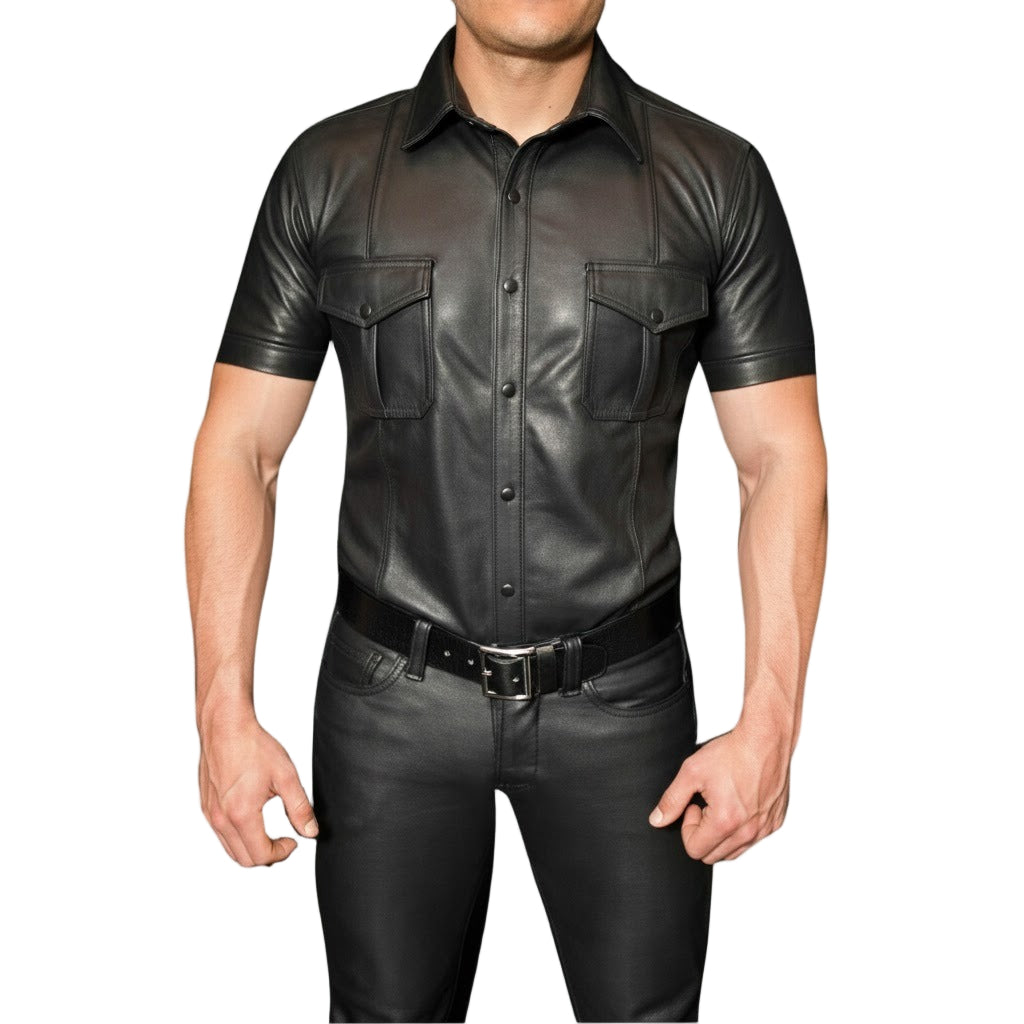 Men’s Lambskin Leather Police Shirt – Short Sleeve Clubwear