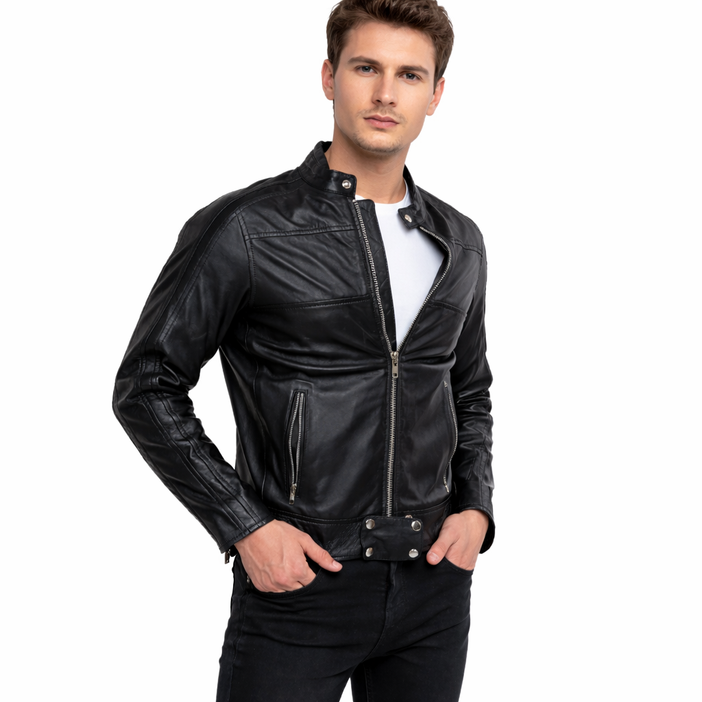 Men's Lamb Leather Café Racer Jacket with Side Buckles & Zipped Cuffs