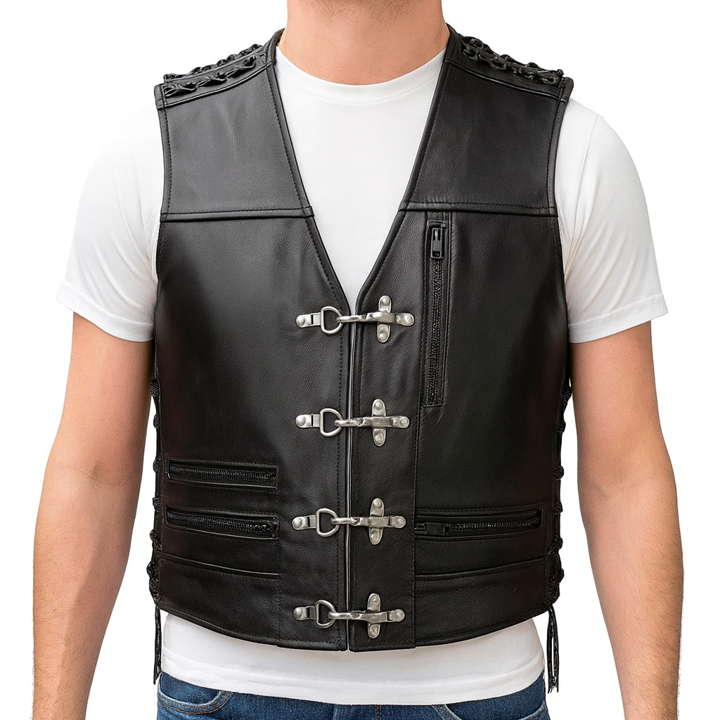 Men’s Vintage Waxed Cowhide Leather Biker Vest – Motorcycle Style