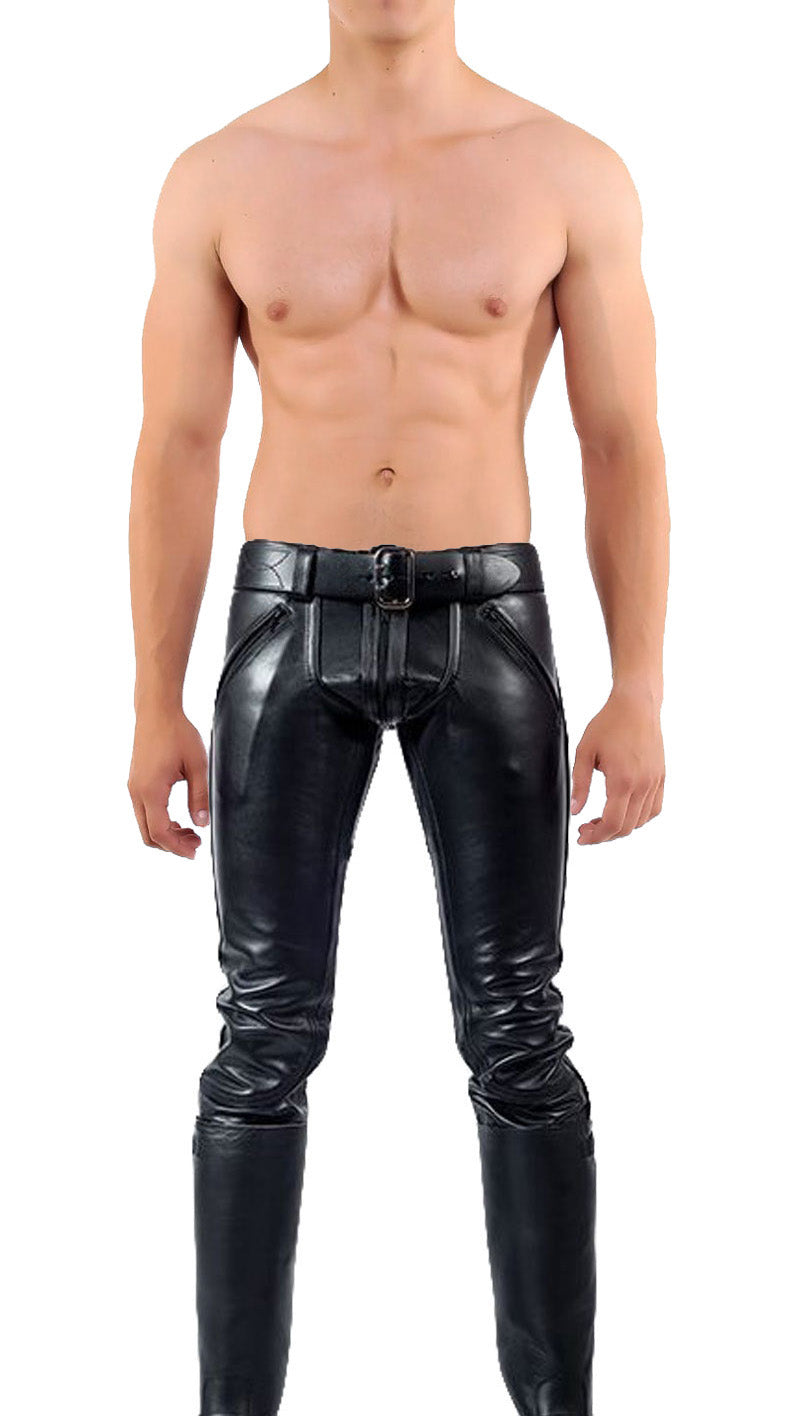Men’s BLUF Leather Biker Pants – Double Zip Cowhide Trousers With/Without Back Zip