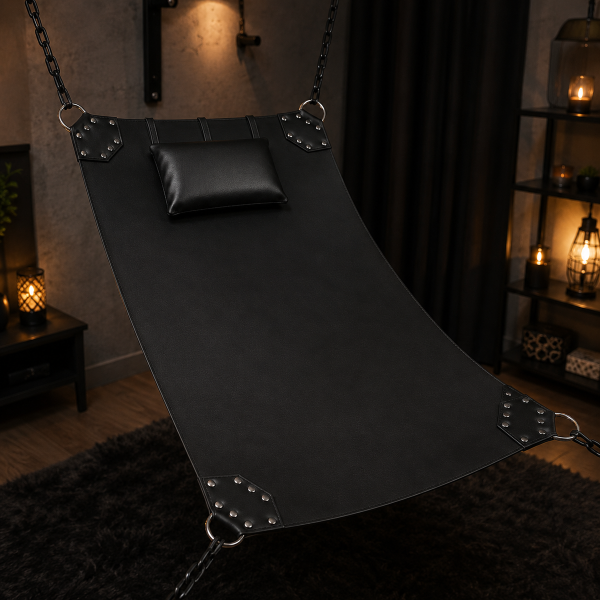 "Bondage swing hanging in a dimly lit modern bedroom, lifestyle setting"