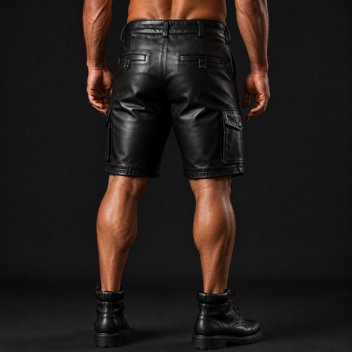 Cowhide leather carpenter shorts, back view