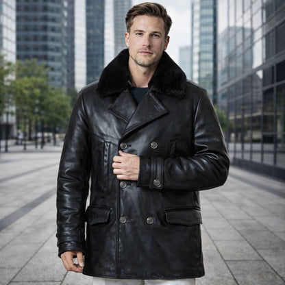 Men’s Real Leather Pea Coat with Detachable Fur Collar – Long Cowhide Jacket