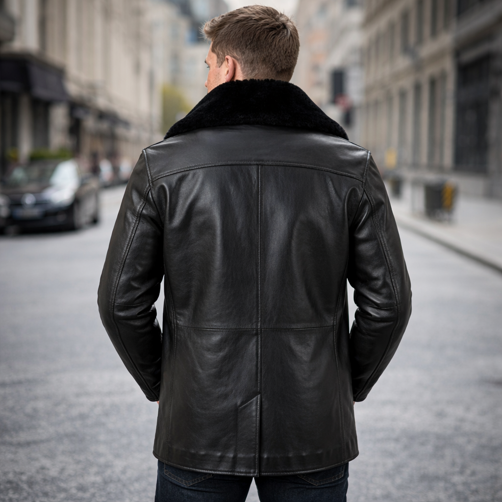Men’s Real Leather Pea Coat with Detachable Fur Collar – Long Cowhide Jacket