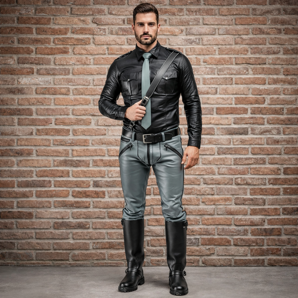 Men’s Real Leather Police Outfit – Grey & Black Leather Shirt and Pants Set