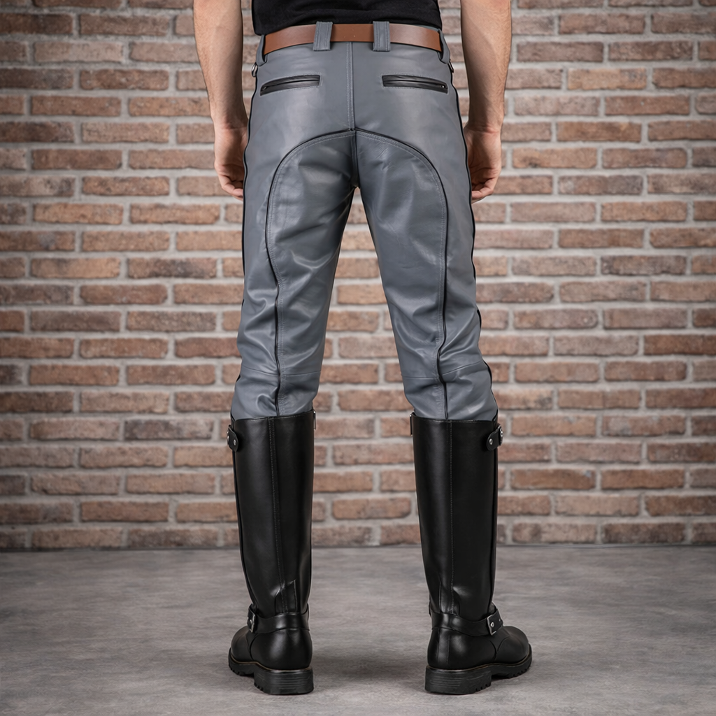 Men’s Real Leather Police Outfit – Grey & Black Leather Shirt and Pants Set