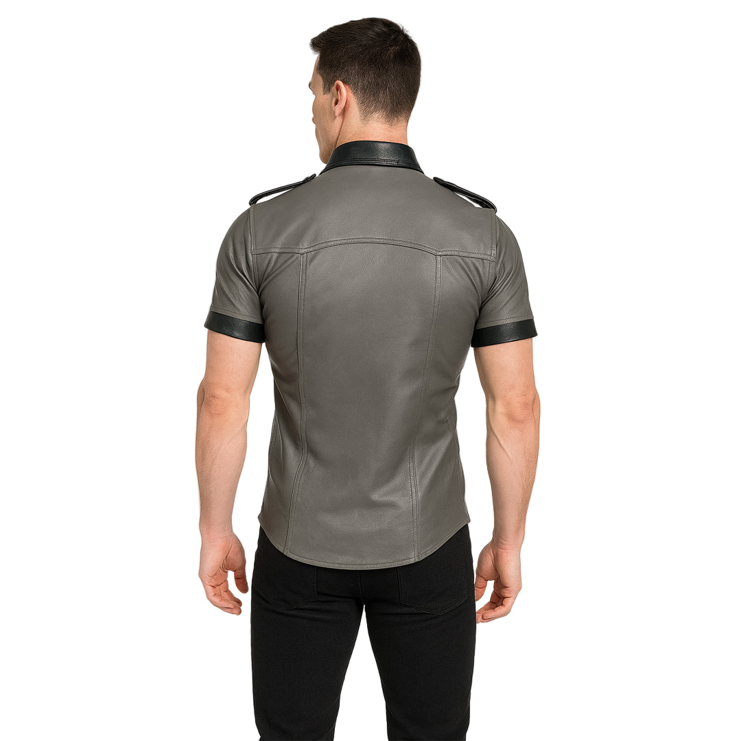 Men’s Real Leather Police Shirt – Short Sleeve BLUF Style with Contrast Trims