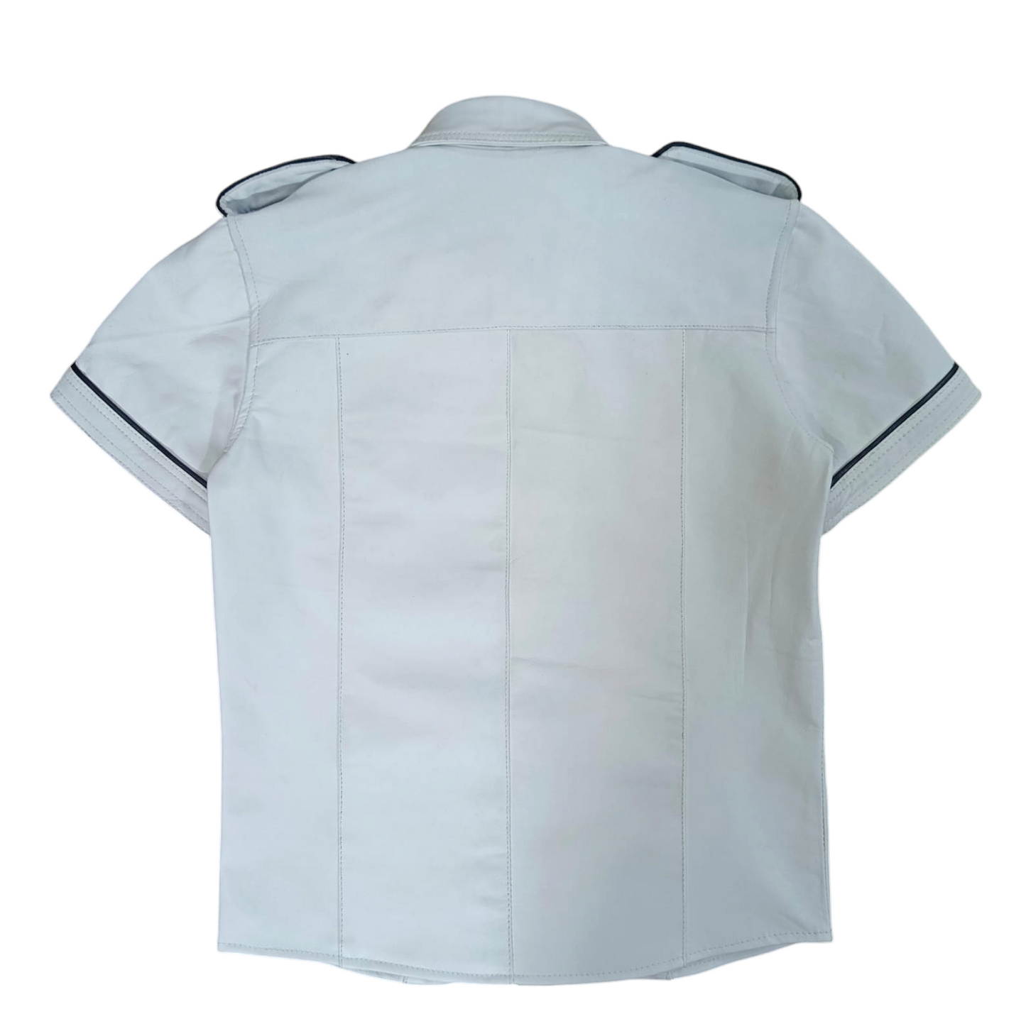 Men's White Lamb Leather Police Shirt – Short Sleeves with Black Piping
