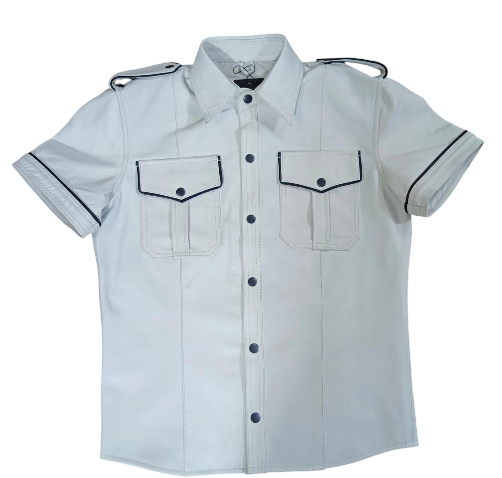 Men's White Lamb Leather Police Shirt – Short Sleeves with Black Piping