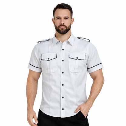 Men's White Lamb Leather Police Shirt – Short Sleeves with Black Piping