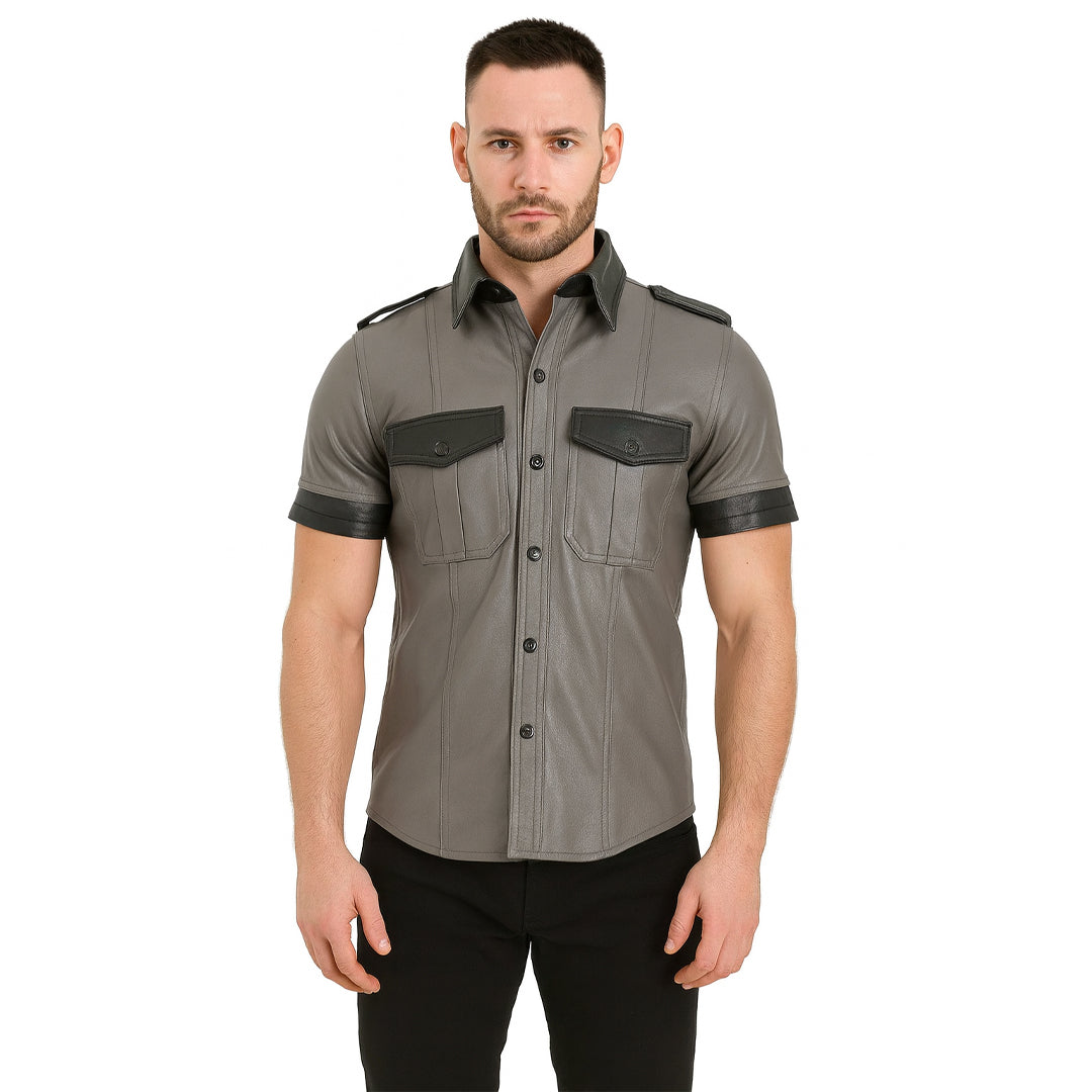 Men’s Real Leather Police Shirt – Short Sleeve BLUF Style with Contrast Trims