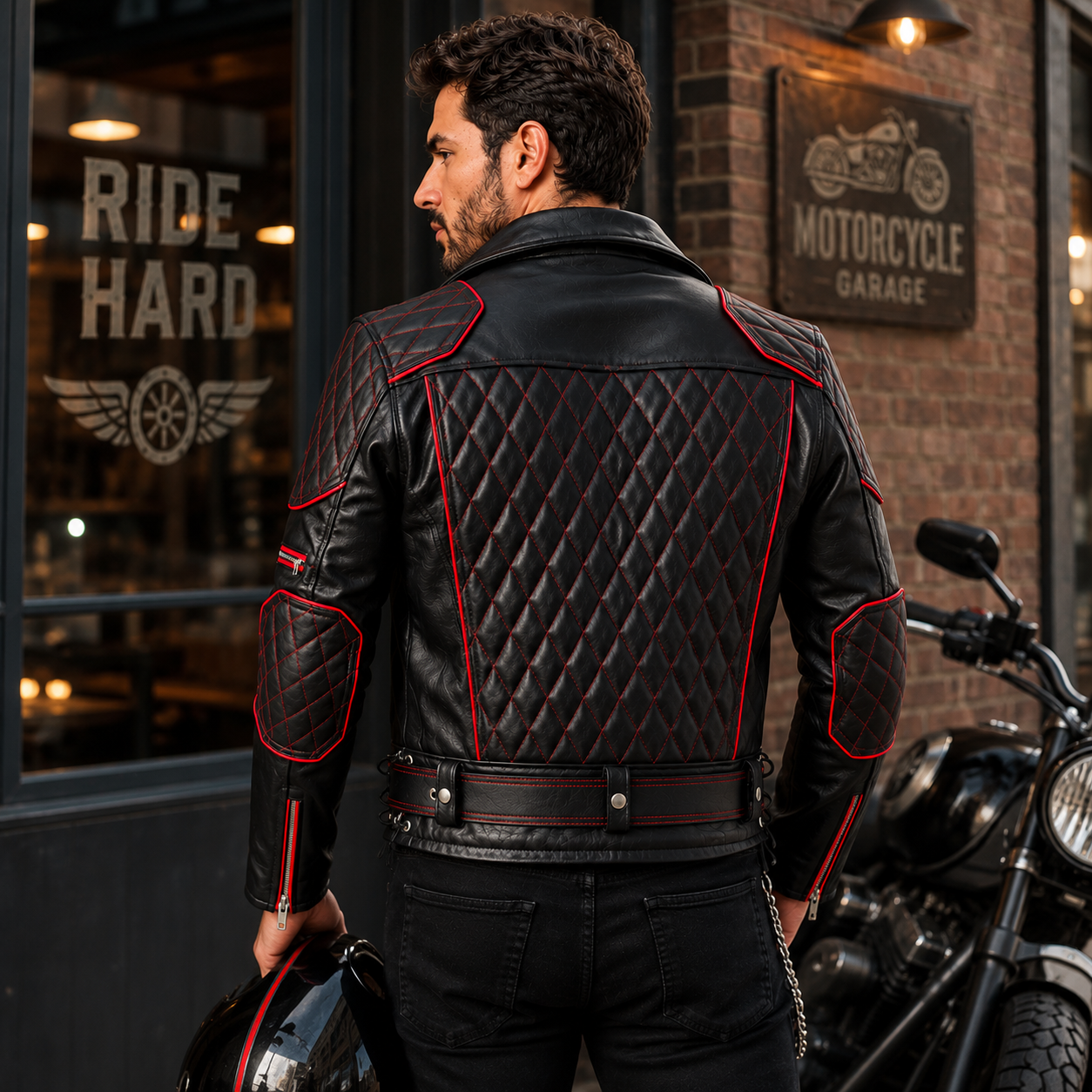 Back view of the quilted leather biker jacket showing diamond stitch panel and red trim.