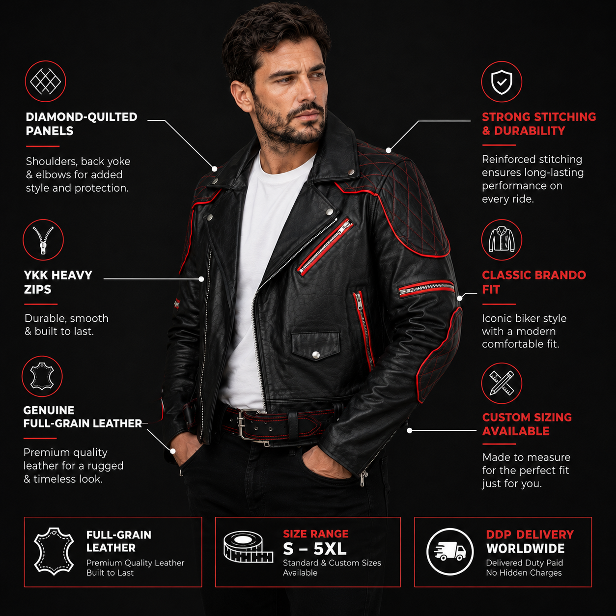 Quilted leather biker jacket with red trim shown on dark background for feature callouts.