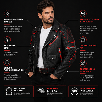 Quilted leather biker jacket with red trim shown on dark background for feature callouts.